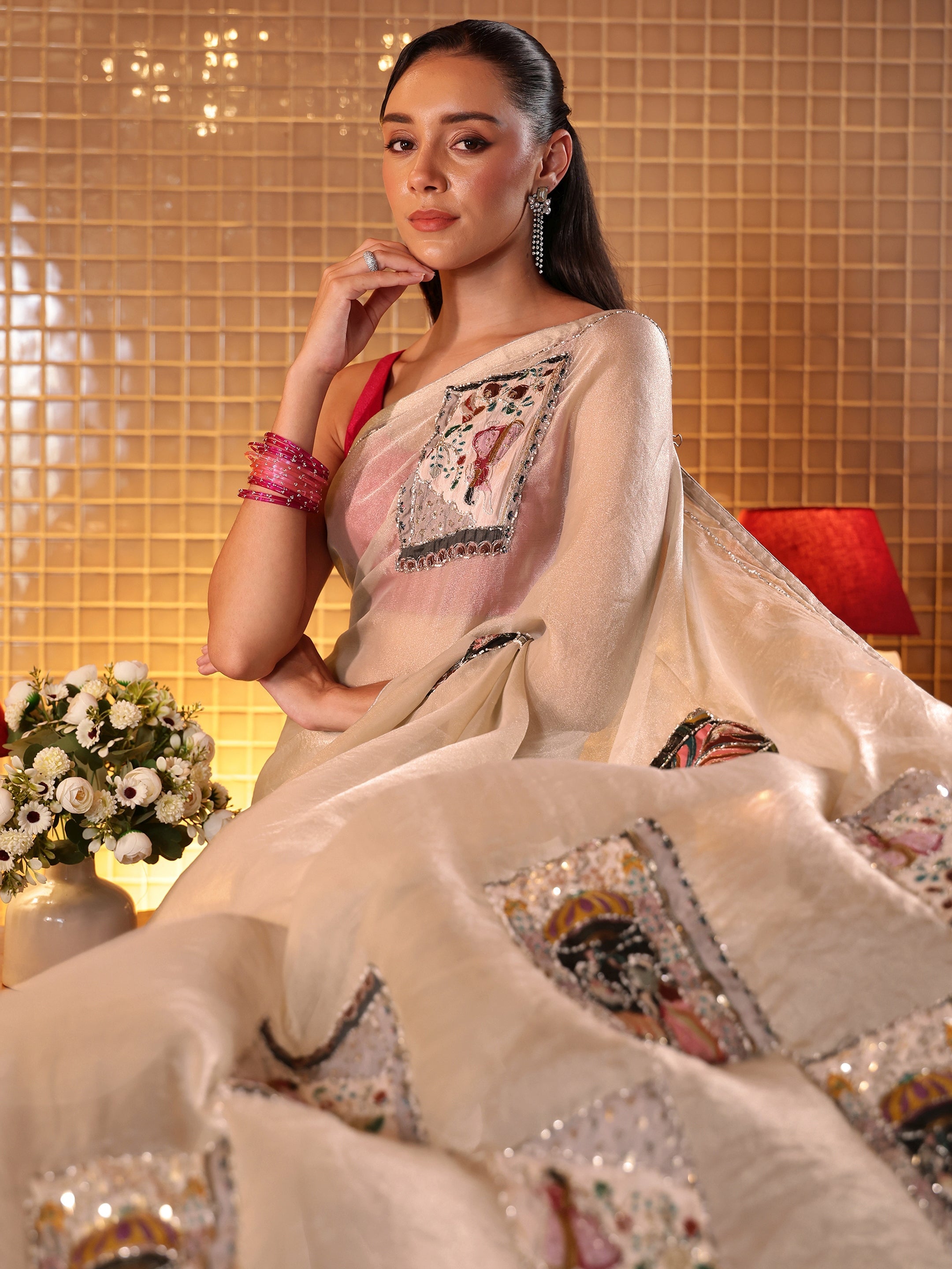 Libas Taupe Applique Silk Blend Saree-picture-25