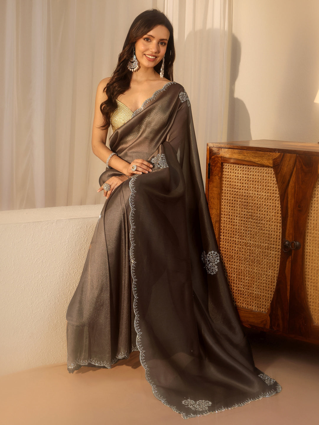  Taupe Floral Embellished Tissue Saree 