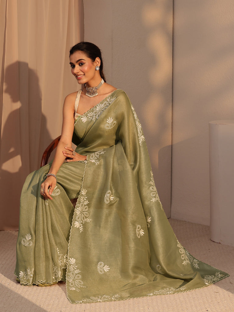 Libas Taupe Floral Embroidered Net Saree