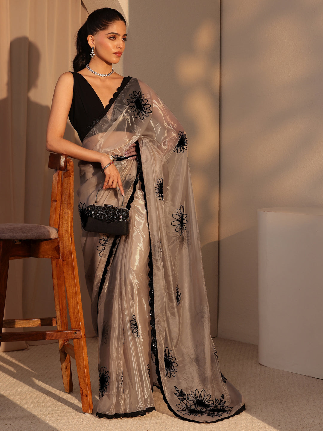  Taupe Floral Embroidered Tissue Saree 