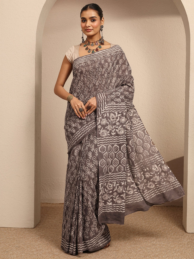 Libas Taupe Printed Cotton Bagh Saree With Unstitched Blouse Piece