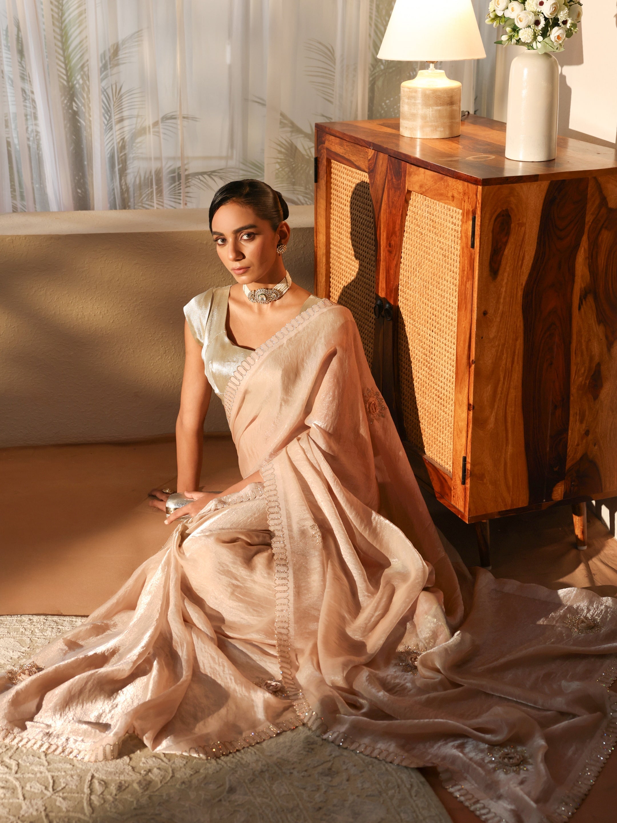 Taupe Embellished Silk Blend Saree-image-25