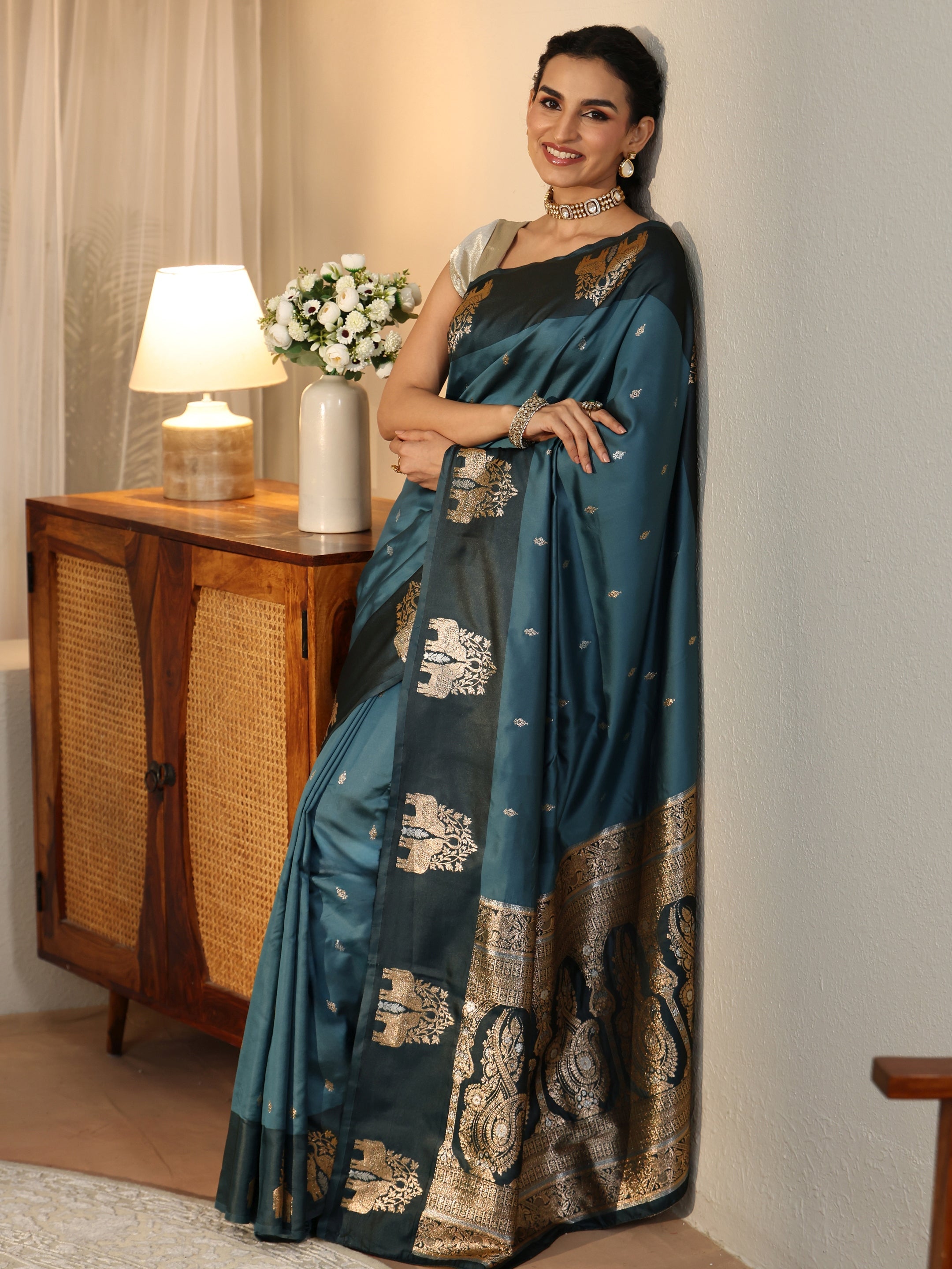 libas Teal Blue Elephant Woven Design Silk Blend Saree-picture-54
