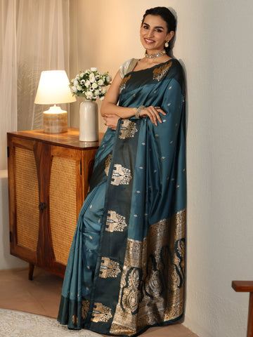 Libas Teal Blue Elephant Woven Design Silk Blend Saree
