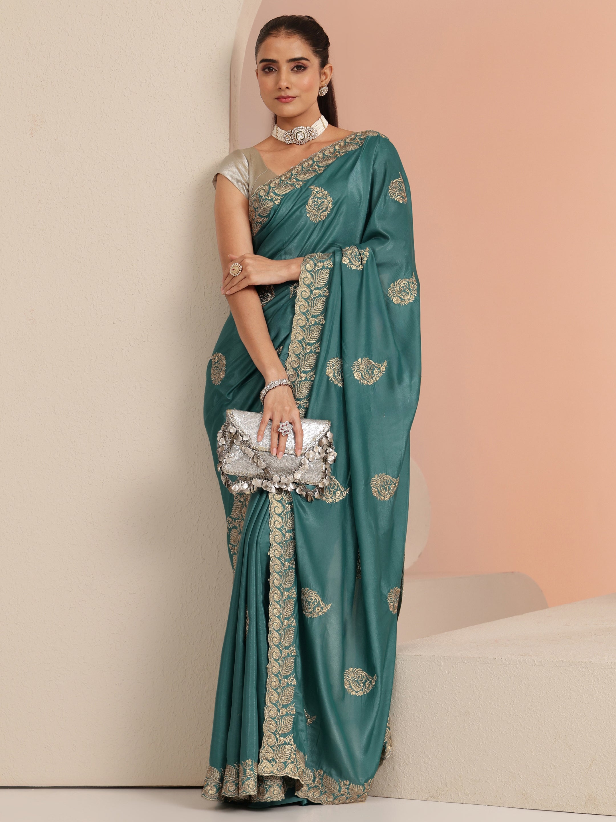 libas Teal Blue Ethnic Embroidered Satin Saree-picture-19