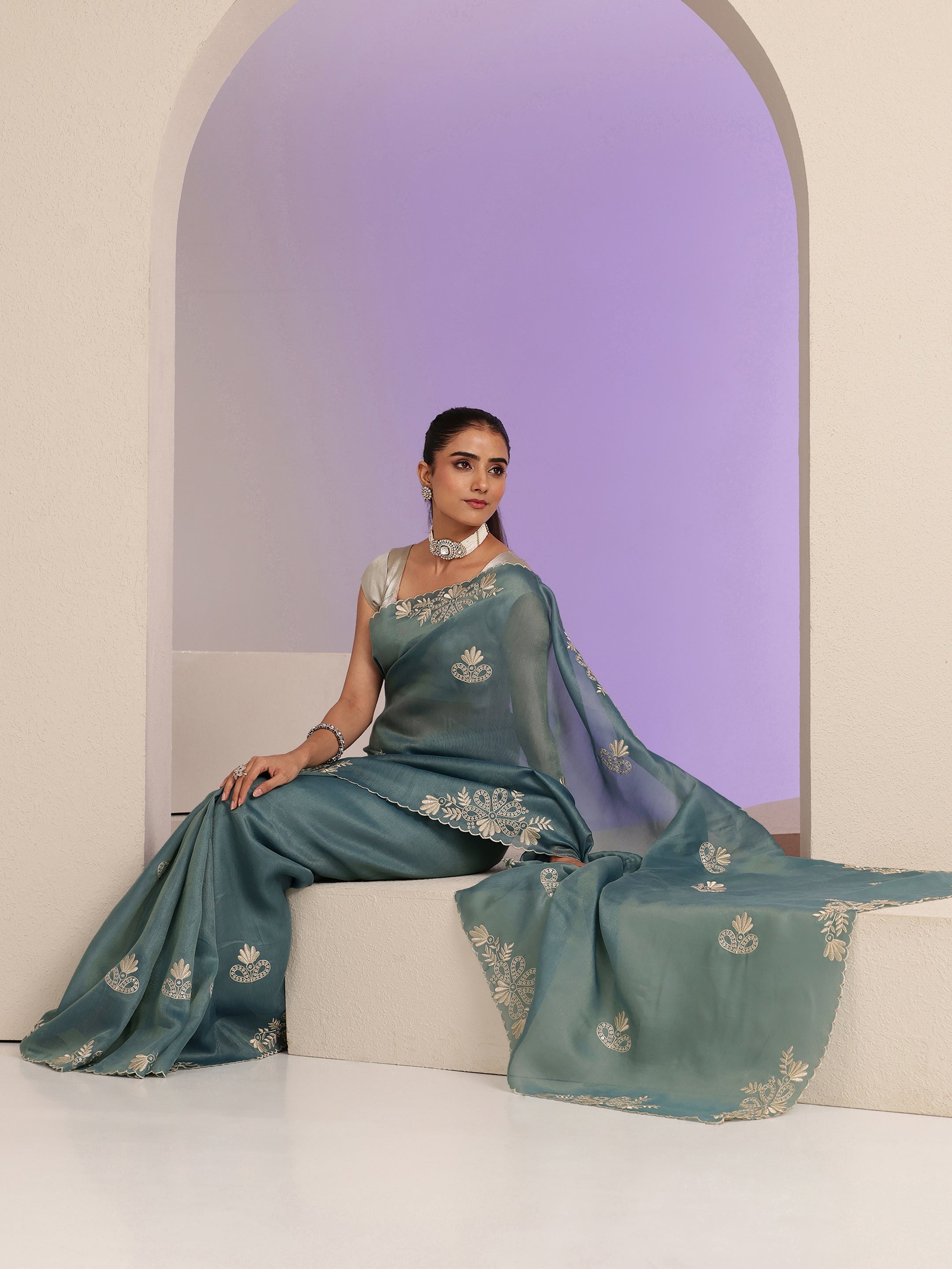 libas Teal Blue Floral Embroidered Net Saree-picture-22