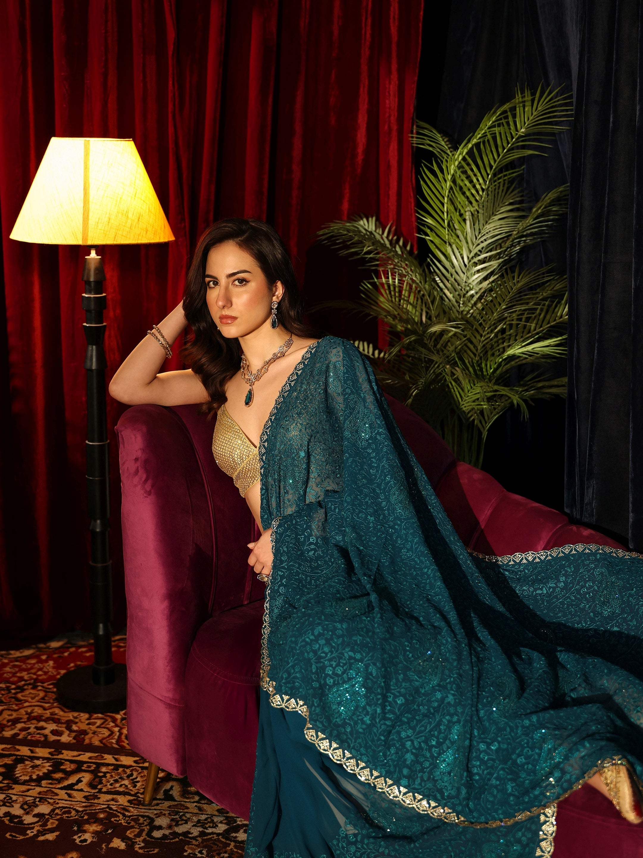 Libas Teal Blue Paisley Embroidered Georgette Saree-picture-51