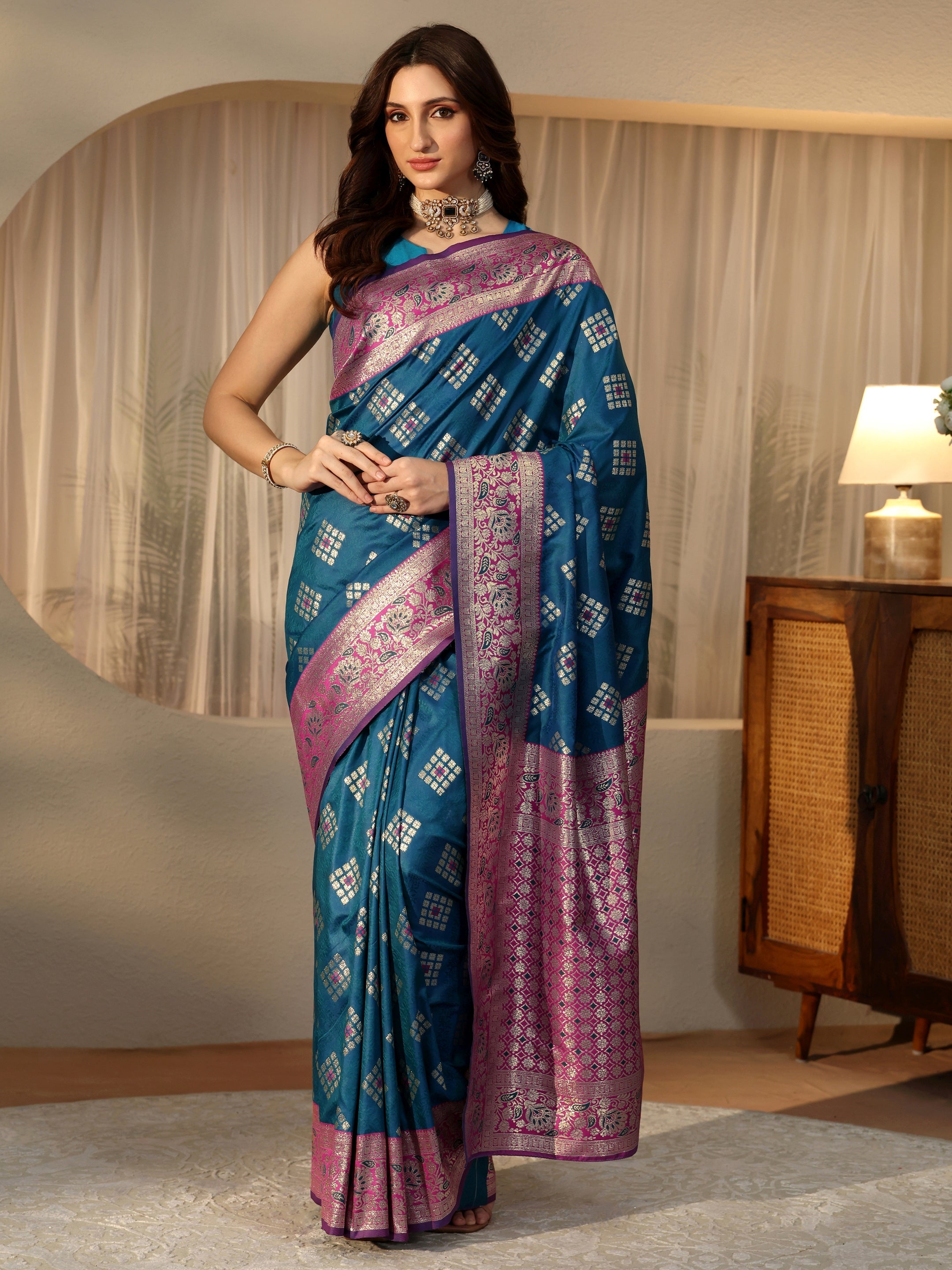 libas Teal Geometric Woven Design Silk Blend Saree-picture-26