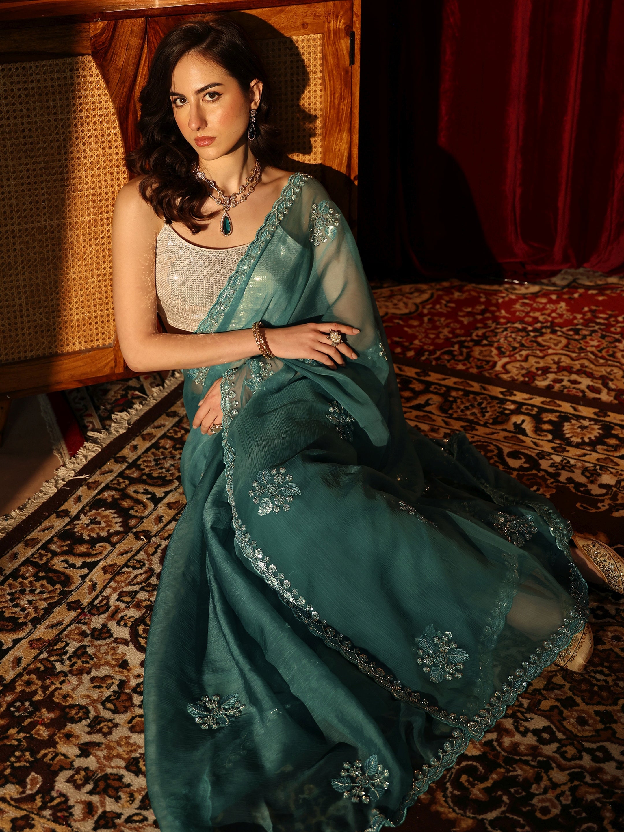 Libas Teal Green Chiffon Saree with Embellished Floral Motifs-picture-63