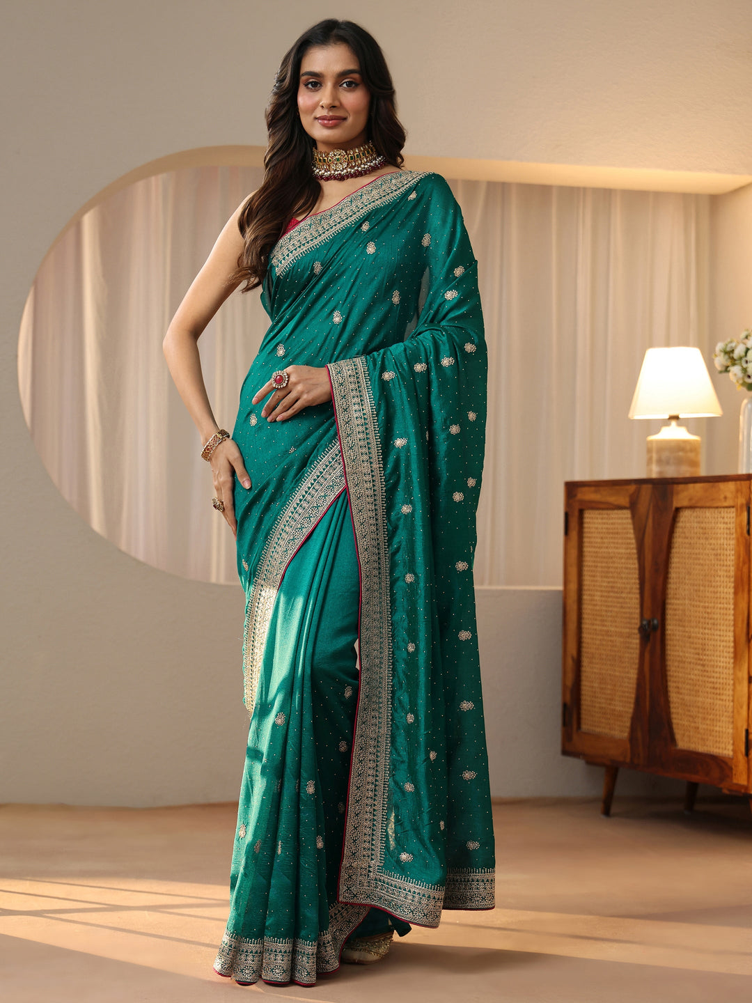  Teal Green Embellished Silk Blend Saree 