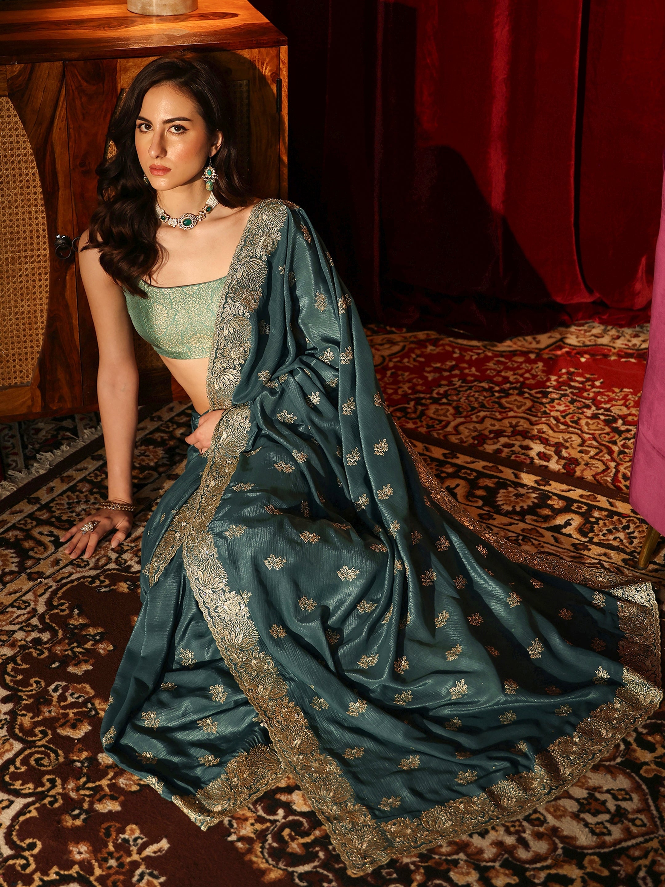 Libas Teal Green Floral Embroidered Satin Saree-picture-51