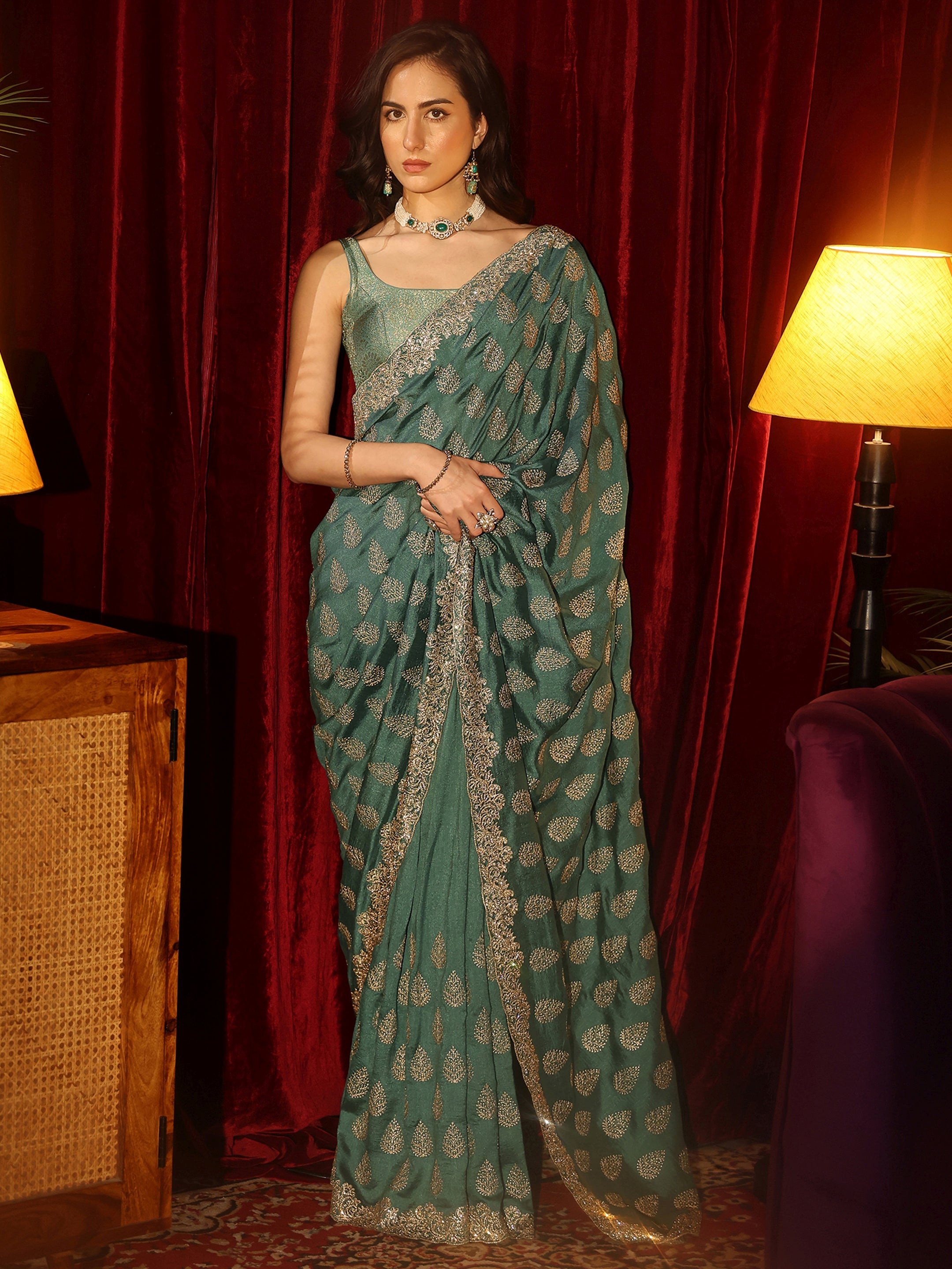 Libas Teal Green Floral Embroidered Silk Blend Saree-picture-62