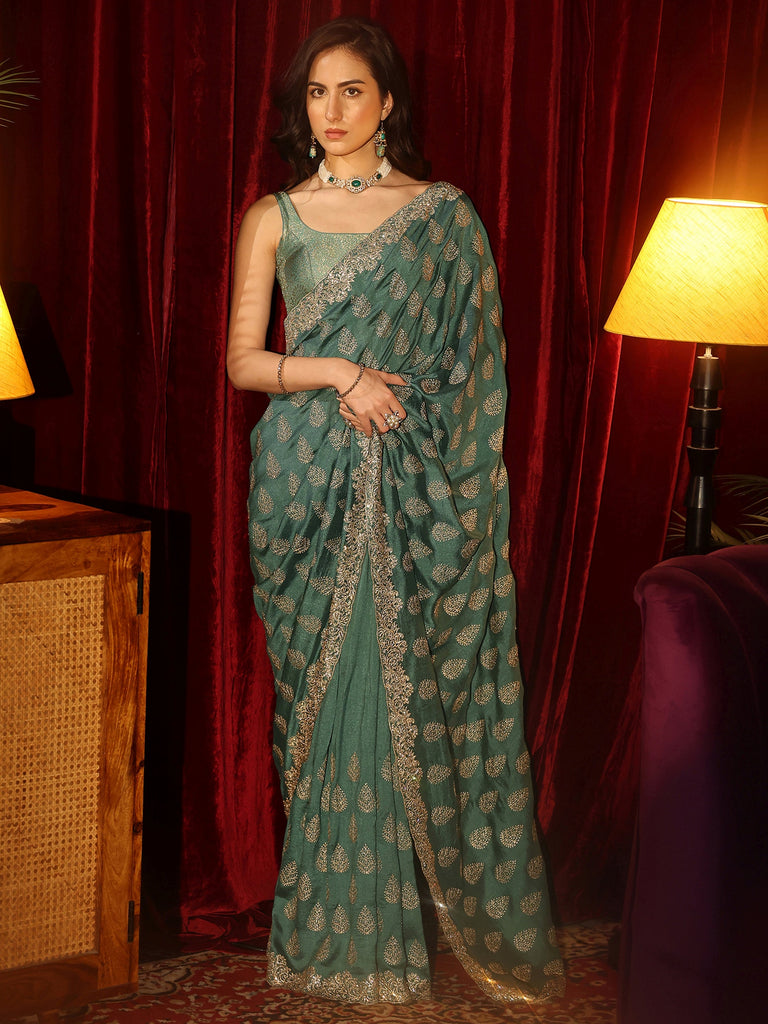 Libas Teal Green Floral Embroidered Silk Blend Saree