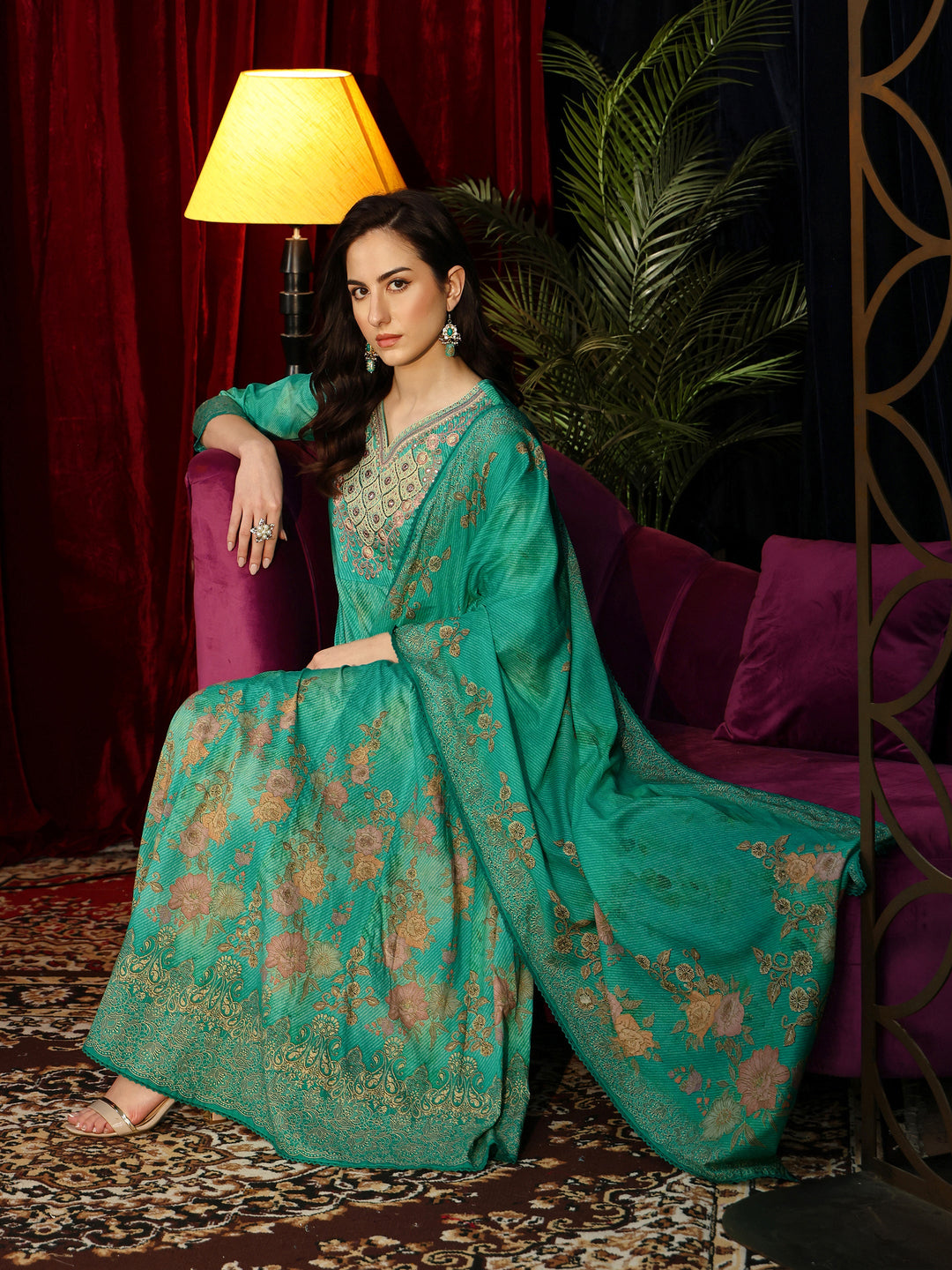  Teal Green Floral Printed Cotton Anarkali Suit Set 
