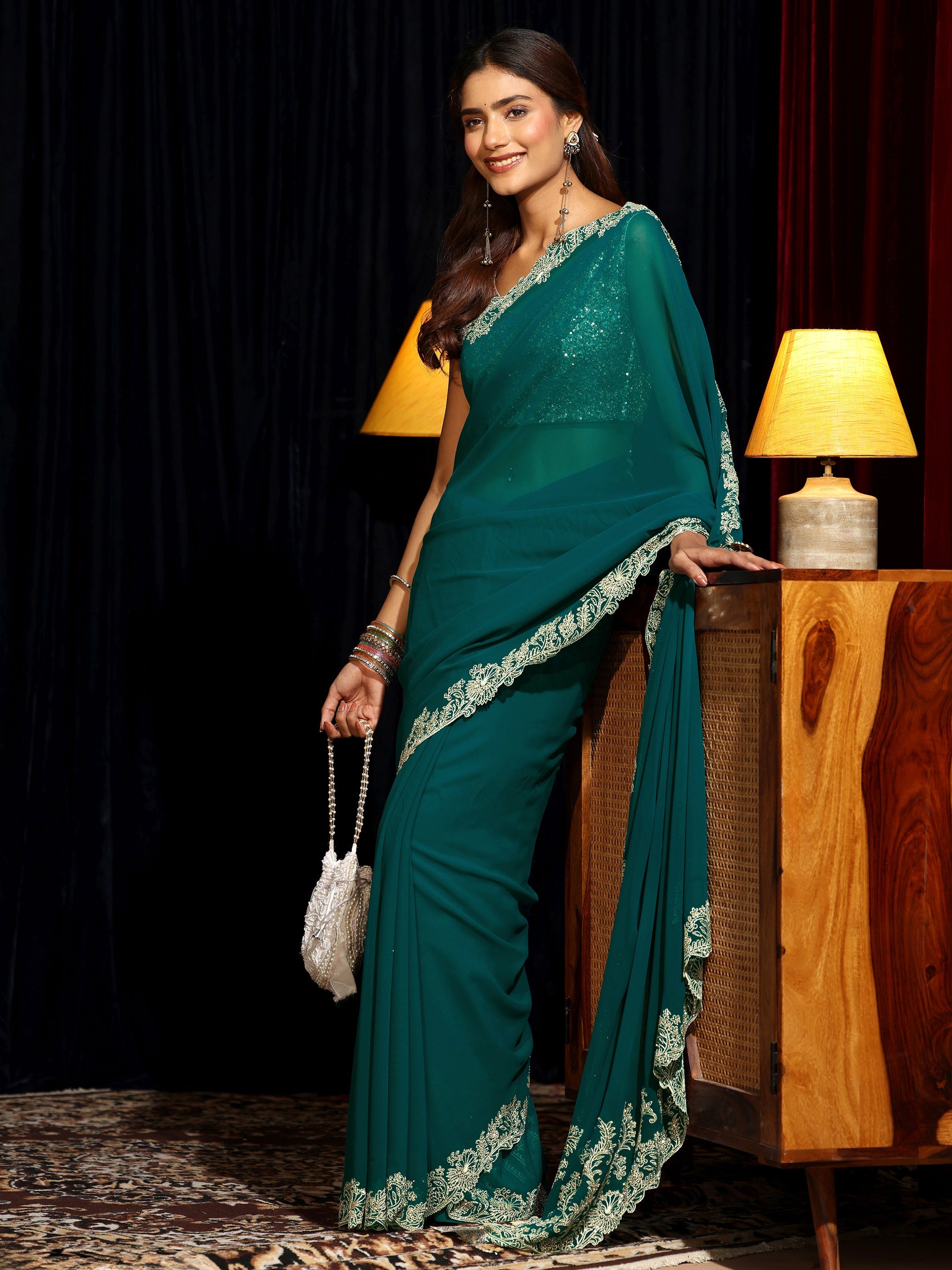 Libas Teal Green Georgette Saree with Embroidered Border-picture-20
