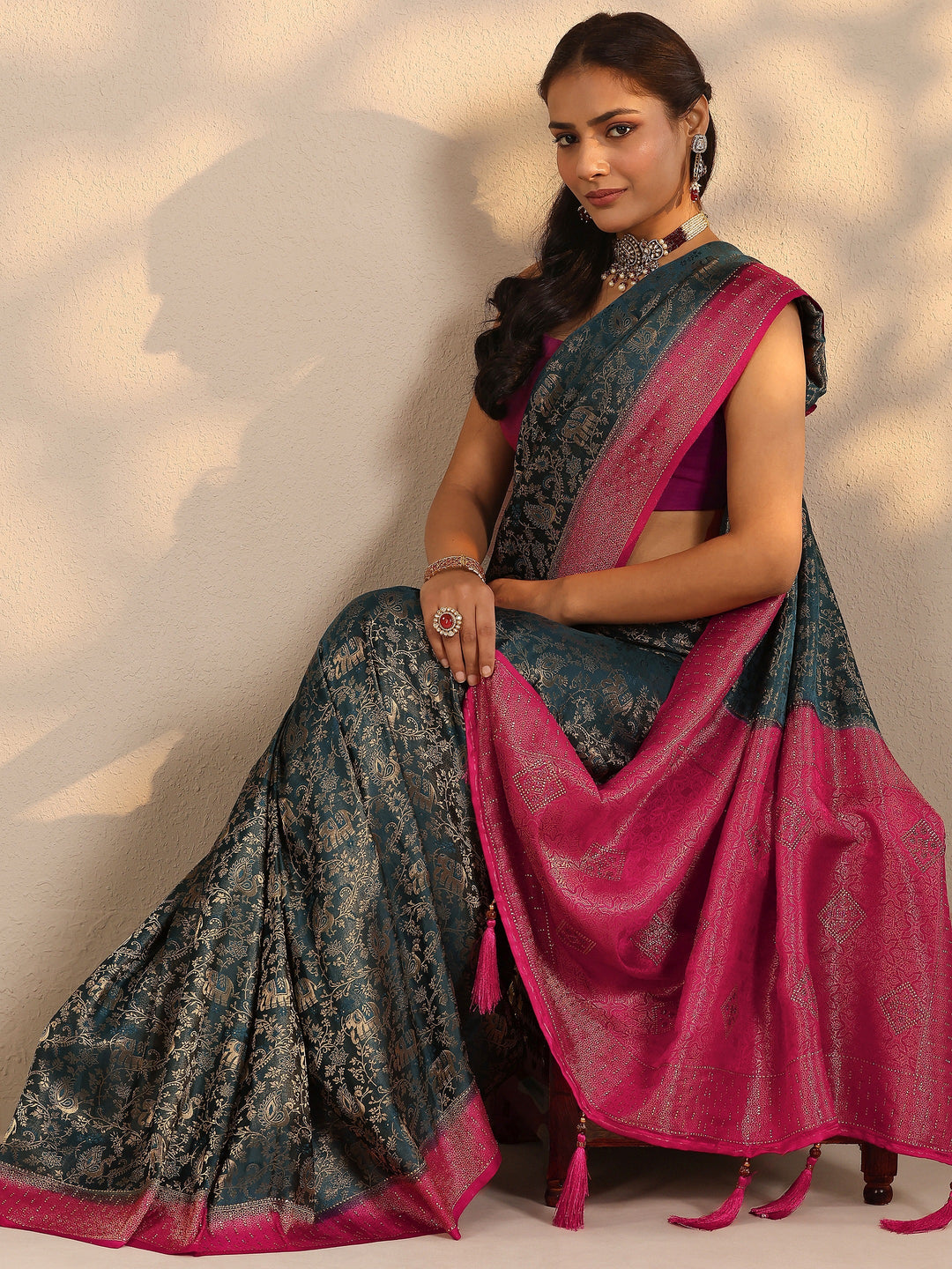 Teal Woven Design Silk Blend Saree With Unstitched Blouse Piece