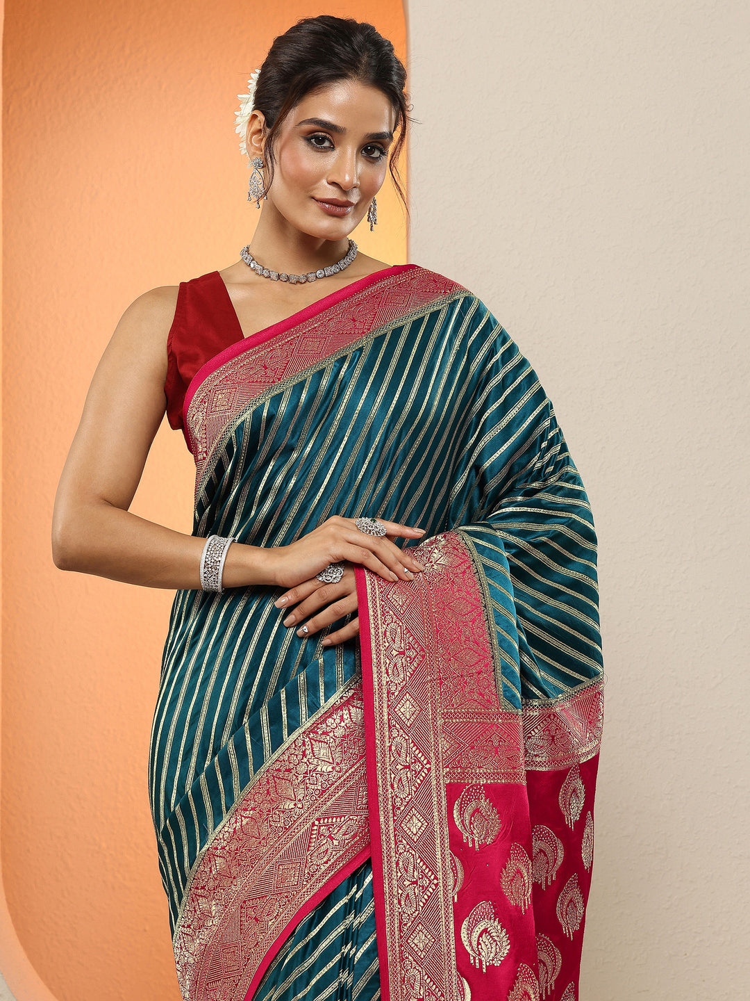  Teal Woven Design Silk Blend Sarees With Unstitched Blouse Piece 