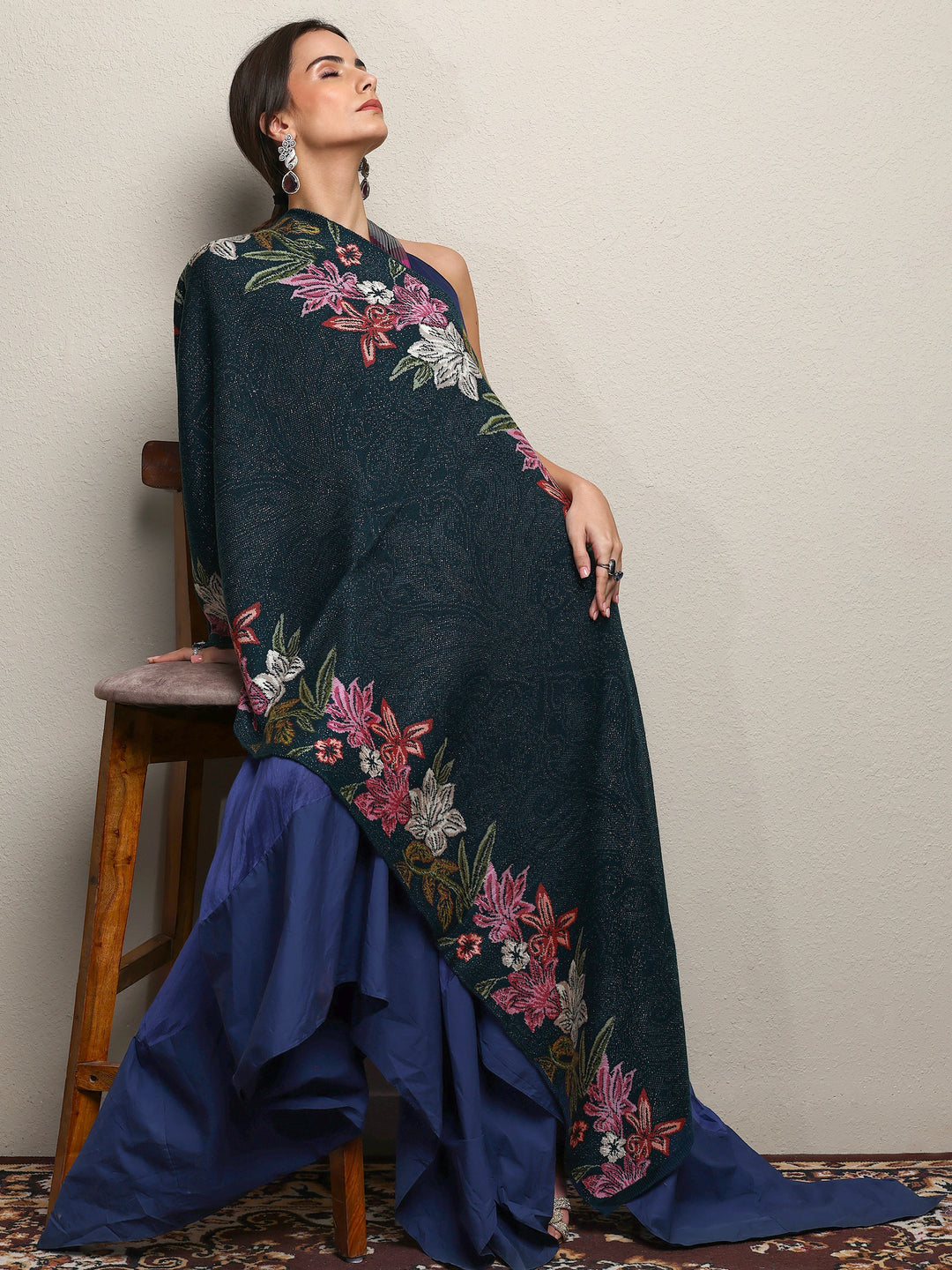 Teal Woven Design Wool Wrap Shawl 