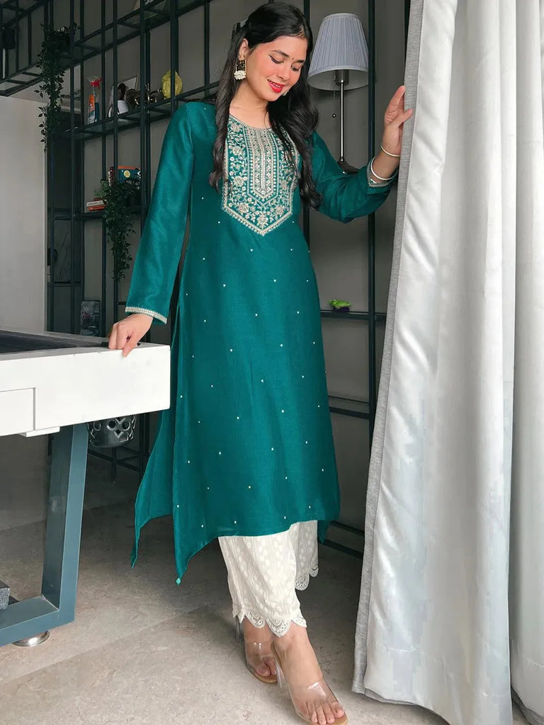 Libas Teal Yoke Design Silk Kurta