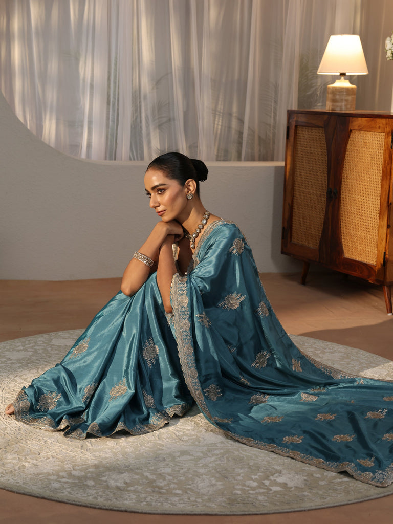 Libas Teal Blue Ethnic Embroidered Satin Saree
