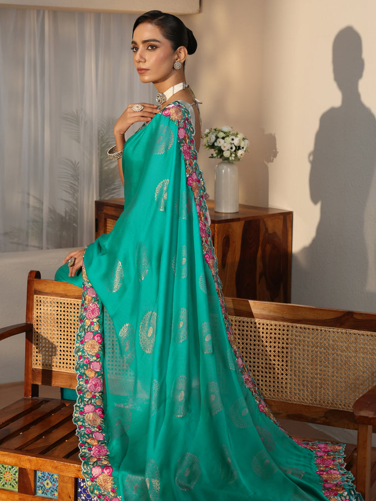Libas Teal Blue Printed Chiffon Saree with Floral Border