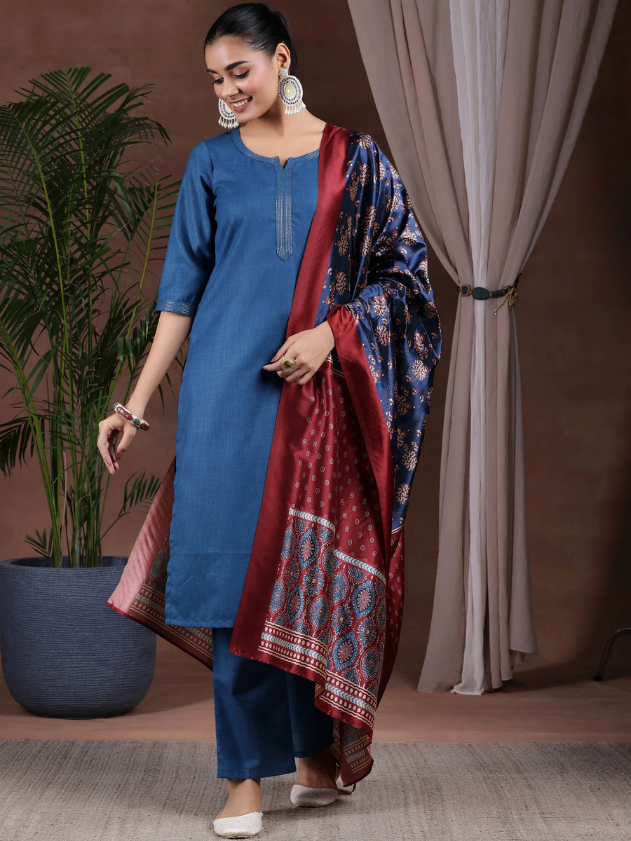Teal Printed Cotton Blend Straight Suit Set With Dupatta