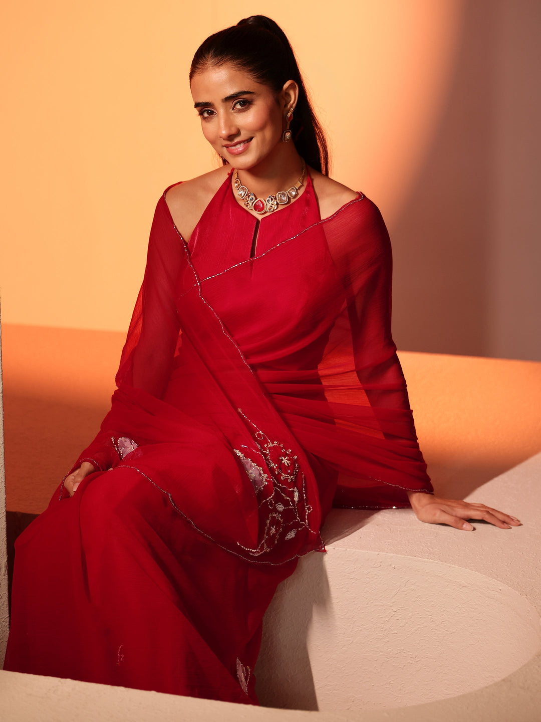  Vermilion Red Floral Embellished Silk Blend Saree 
