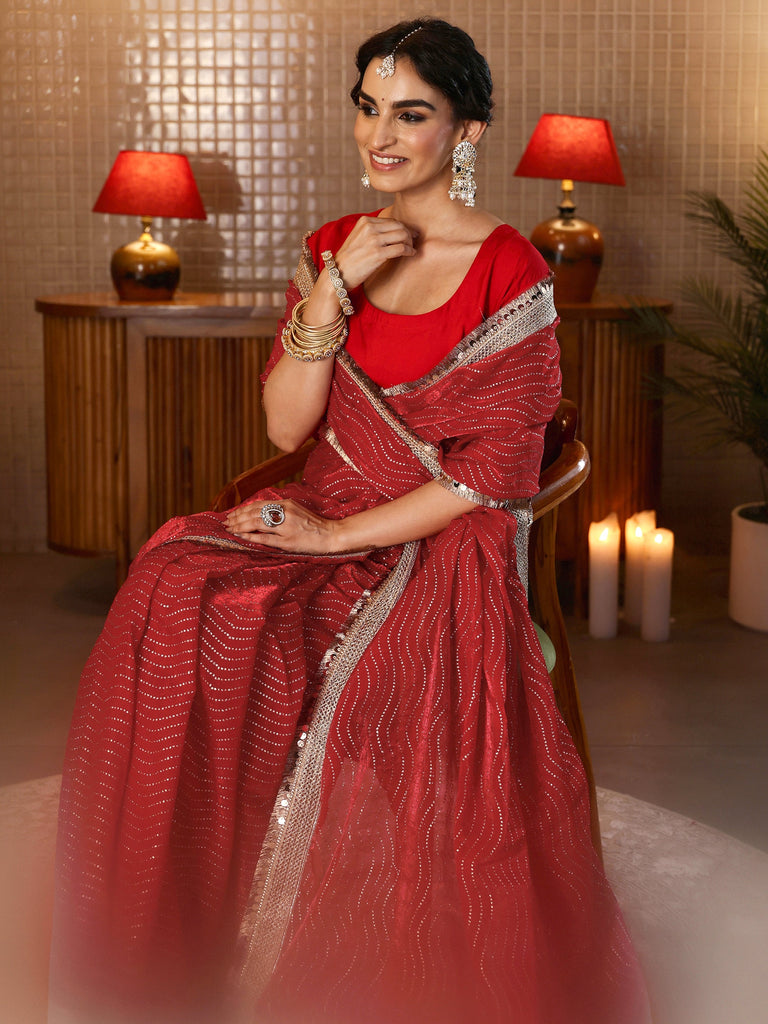 Libas Vermilion Red Leheriya Embellished Tissue Saree