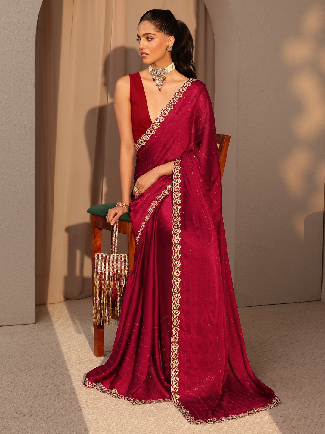  Vermillion Red Embellished Chiffon Saree 