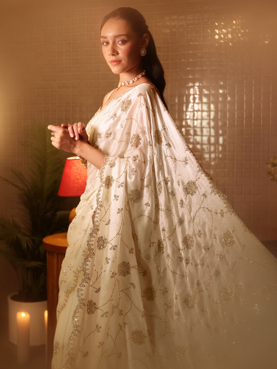  White Floral Embellished Tissue Saree 