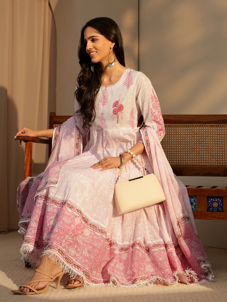 Libas White Floral Printed Cotton Anarkali Suit Set