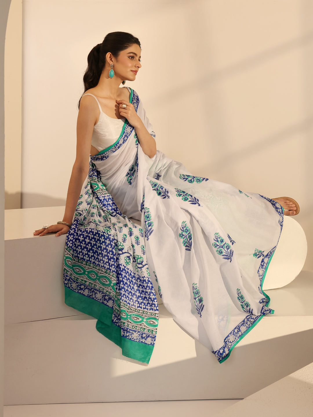  White Block Printed Cotton Saree 