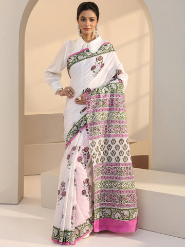 Libas White Floral Printed Cotton Saree