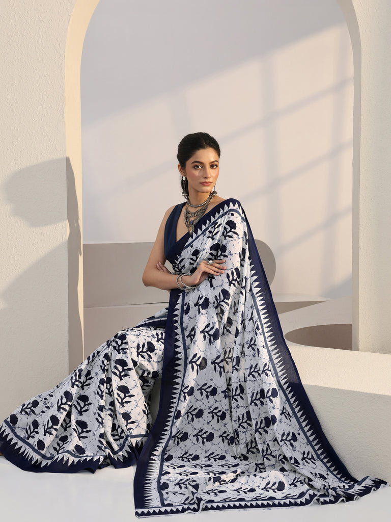 Libas White Floral Print Batik Cotton Saree