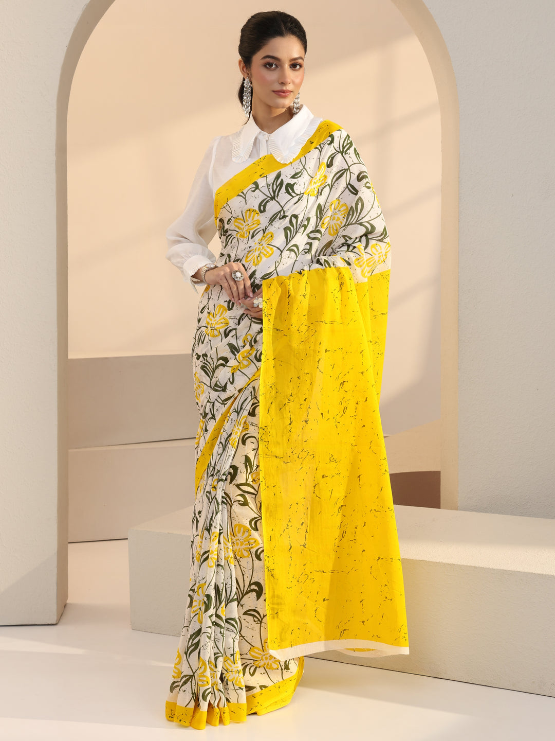  White Floral Print Cotton Saree with Yellow Pallu 