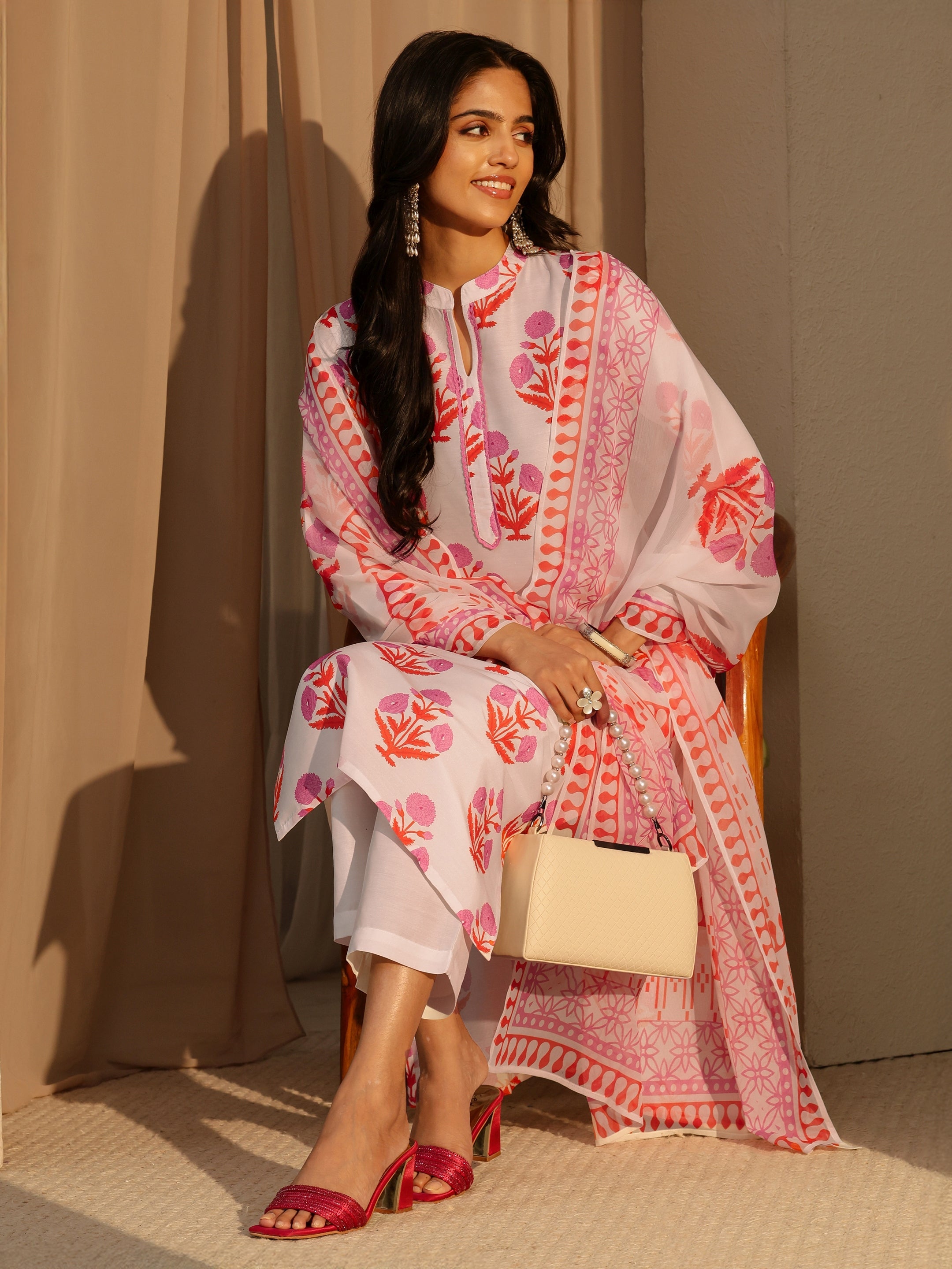 libas White Floral Printed Straight Cotton Blend Suit Set-picture-15