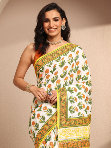 White Printed Cotton Saree With Unstitched Blouse Piece