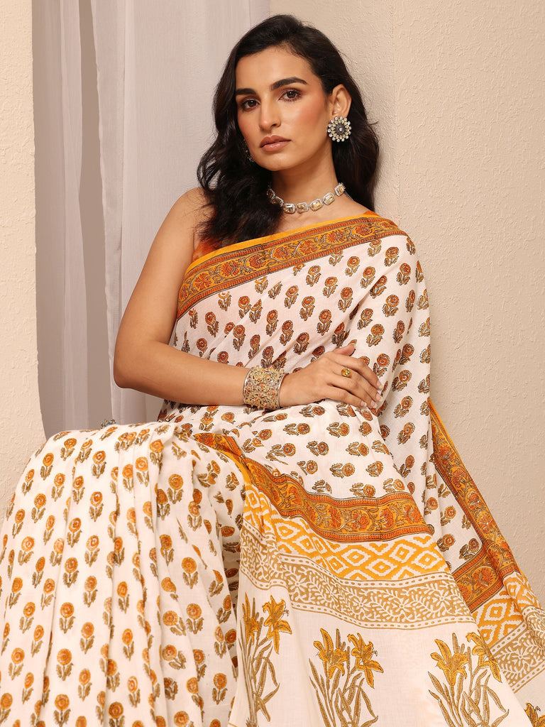 Libas White Printed Cotton Saree With Unstitched Blouse Piece