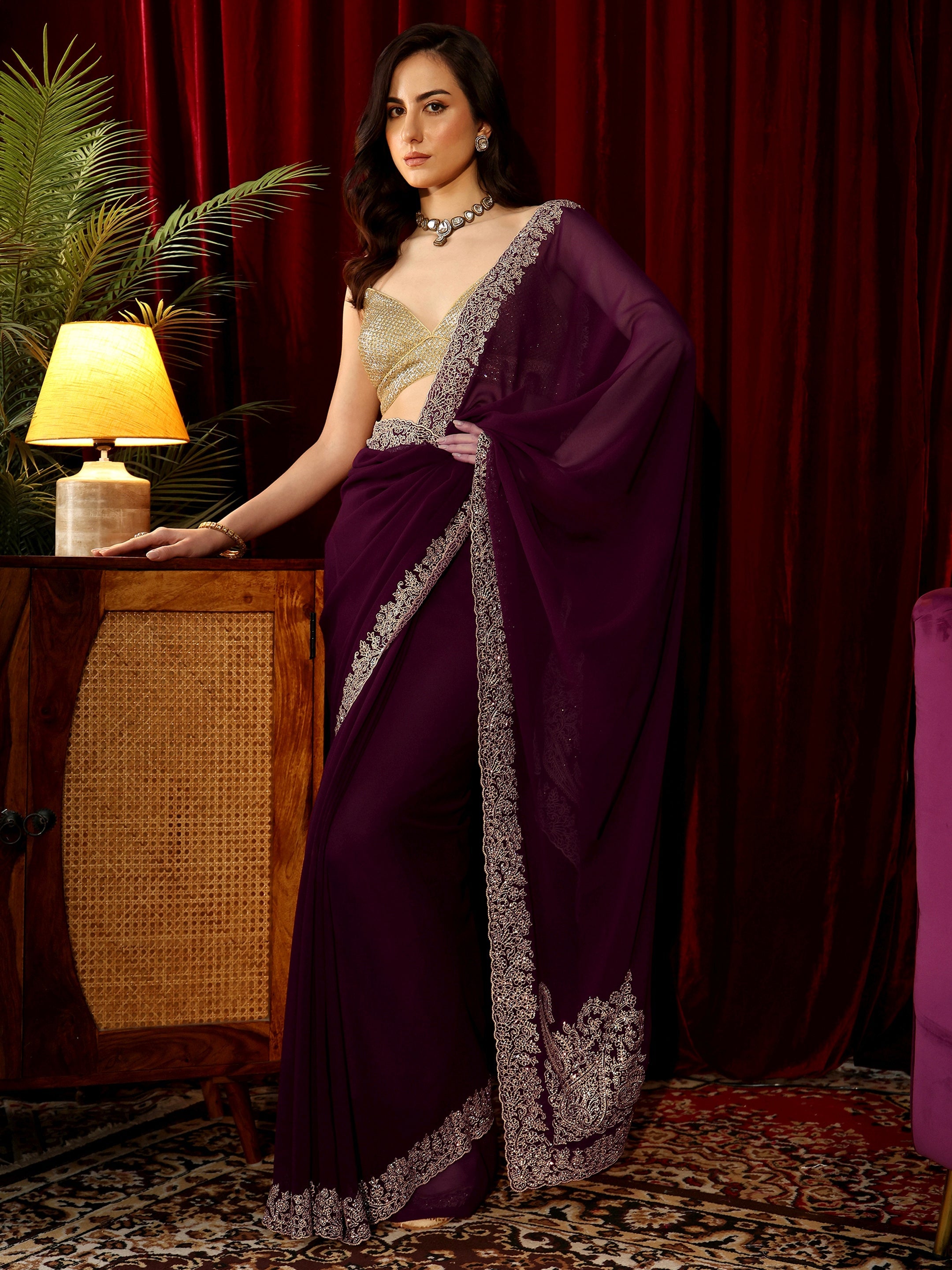 Libas Wine Red Solid Georgette Saree-picture-49