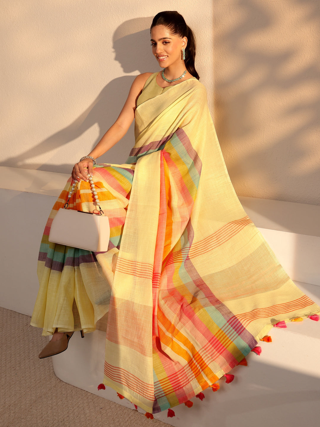  Yellow Colorblock Printed Cotton Blend Saree 