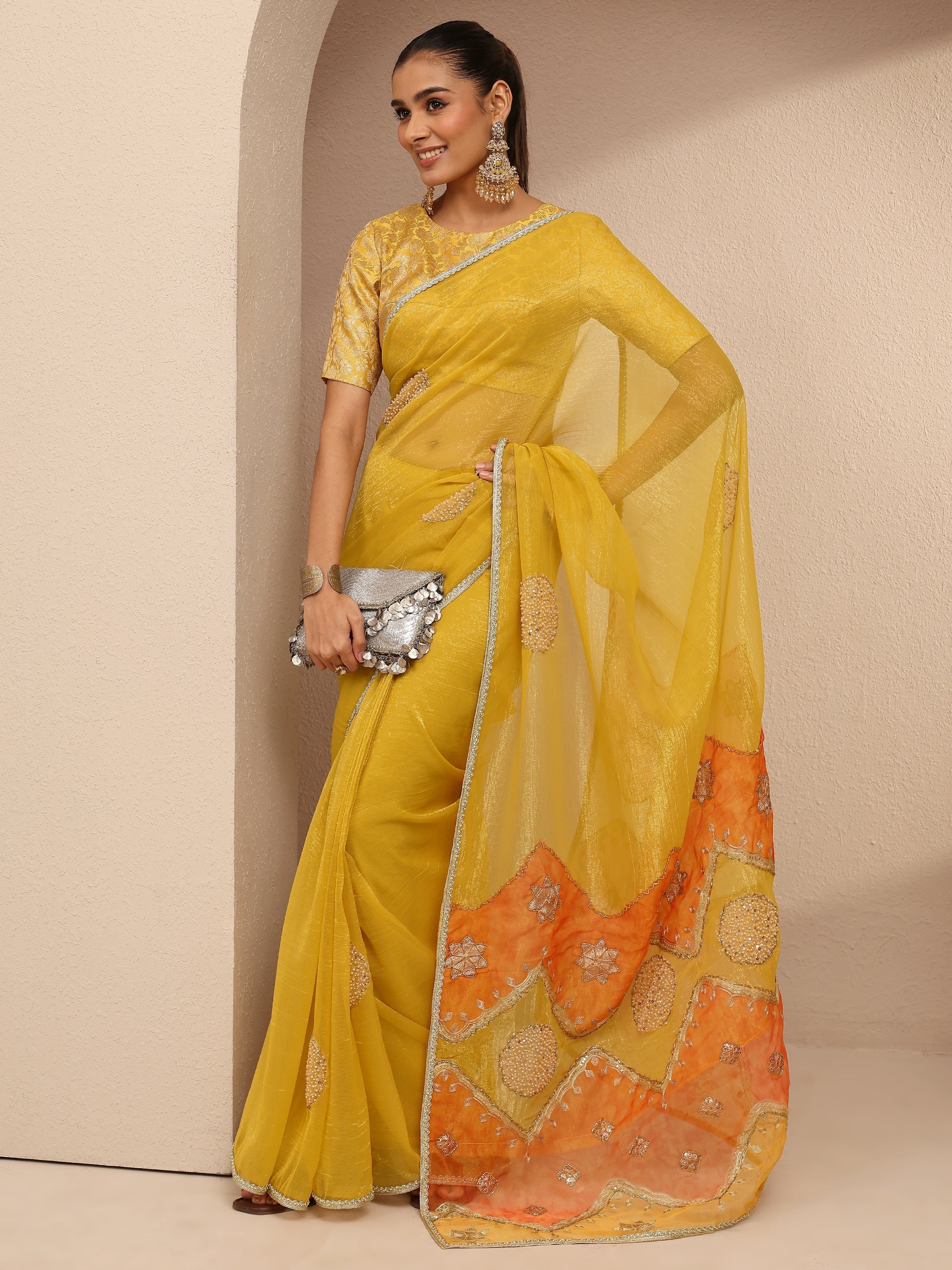 libas Yellow Embellished Silk Blend Saree With Unstitched Blouse Piece-picture-51