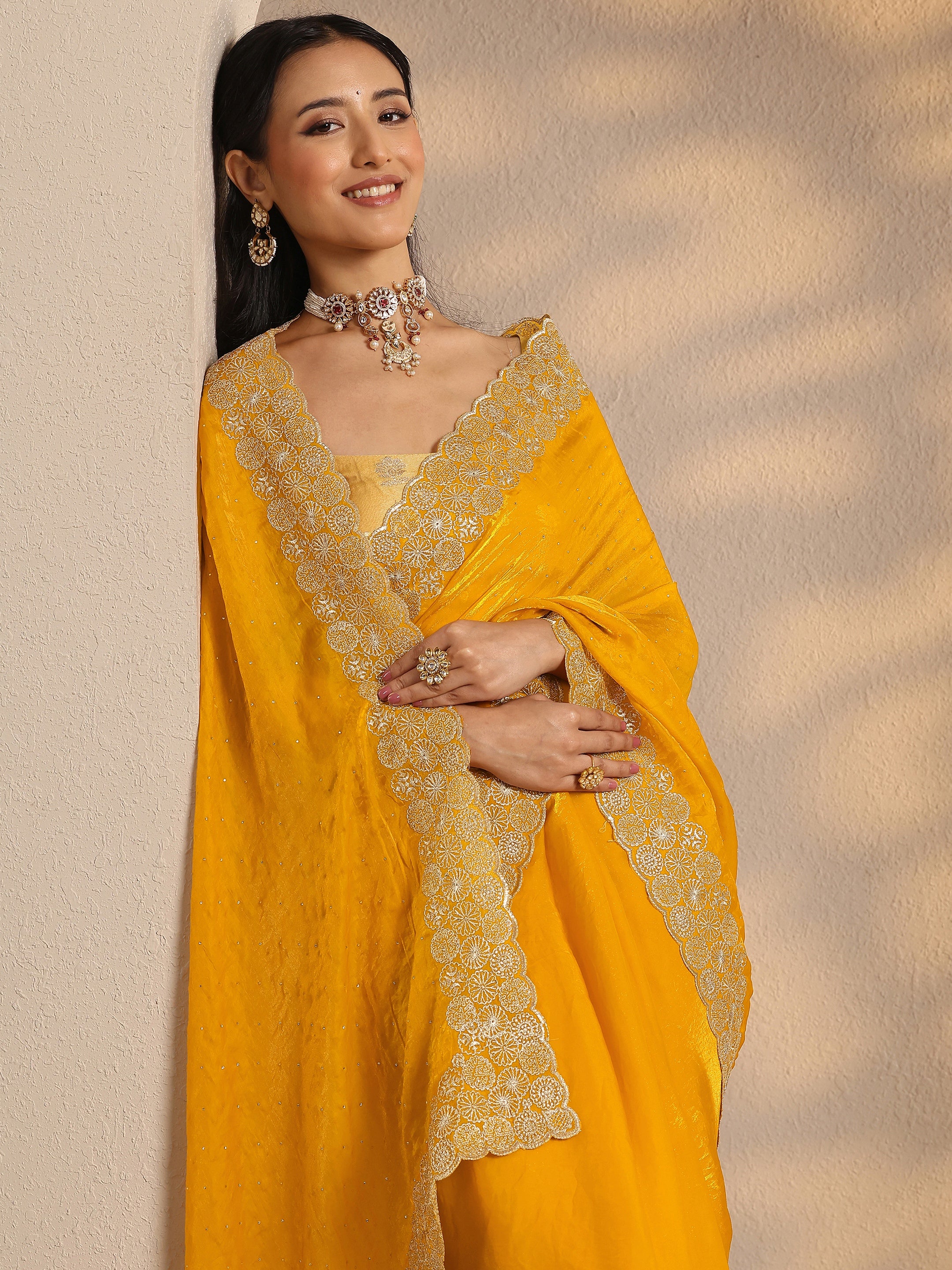 libas Yellow Embellished Silk Blend Saree With Unstitched Blouse Piece-picture-35