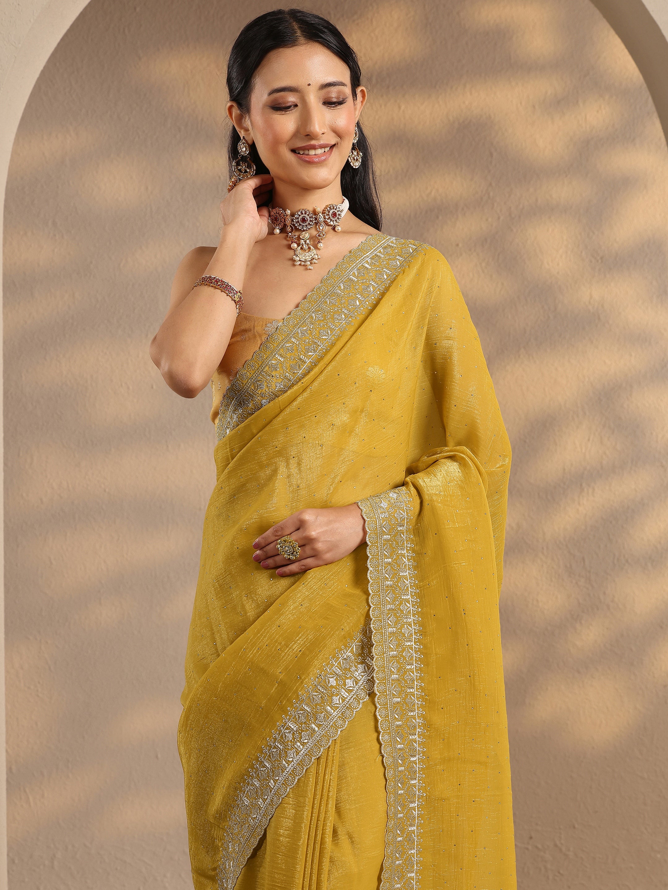 libas Yellow Embellished Silk Blend Saree With Unstitched Blouse Piece-picture-46