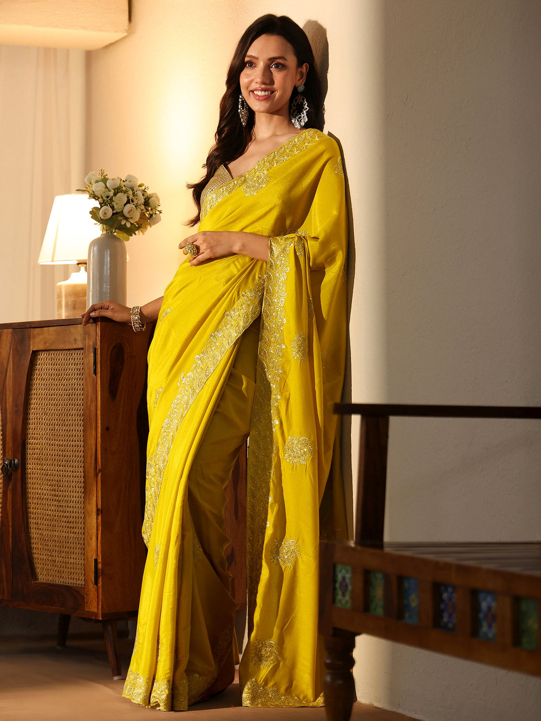  Yellow Floral Embellished Silk Blend Saree 