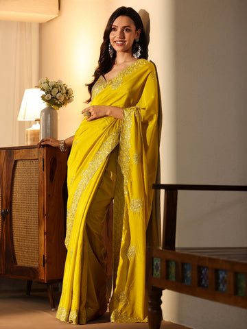 Libas Yellow Floral Embellished Silk Blend Saree
