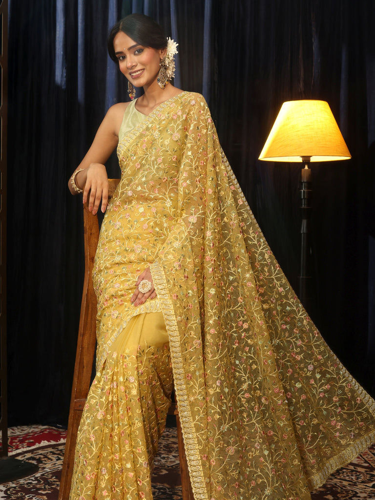 Libas Art Yellow Floral Embroidered Chiffon Saree
