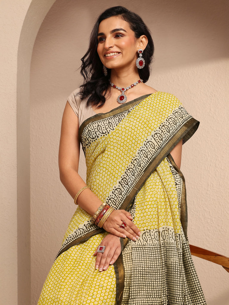Libas Yellow Geometric Printed Cotton Saree With Unstitched Blouse Piece