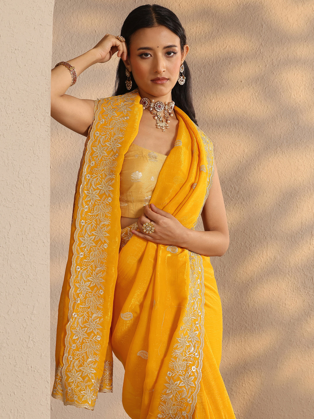 Yellow Paisley Embroidered Silk Blend Saree With Unstitched Blouse Piece