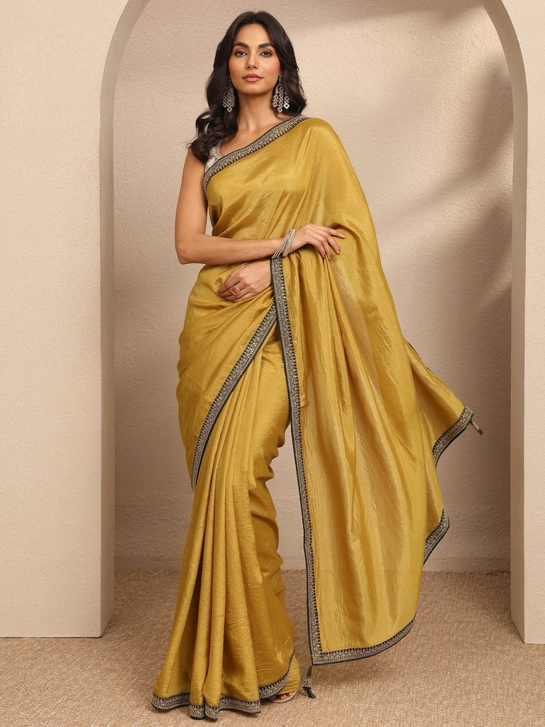 Libas Yellow Solid Silk Blend Saree With Unstitched Blouse Piece