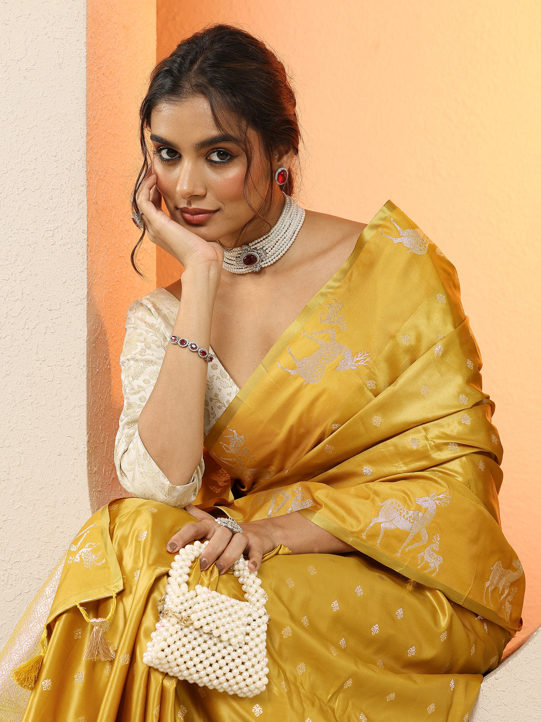  Yellow Woven Design Silk Blend Sarees With Unstitched Blouse Piece 